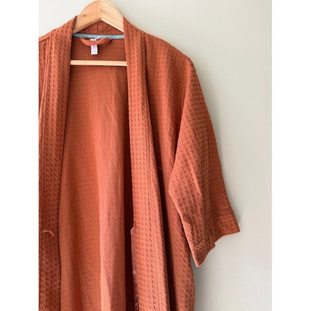 Waffle Knit Joy Women L Rust Orange Robe Open Front Textured Pockets Lounger - Picture 3 of 9